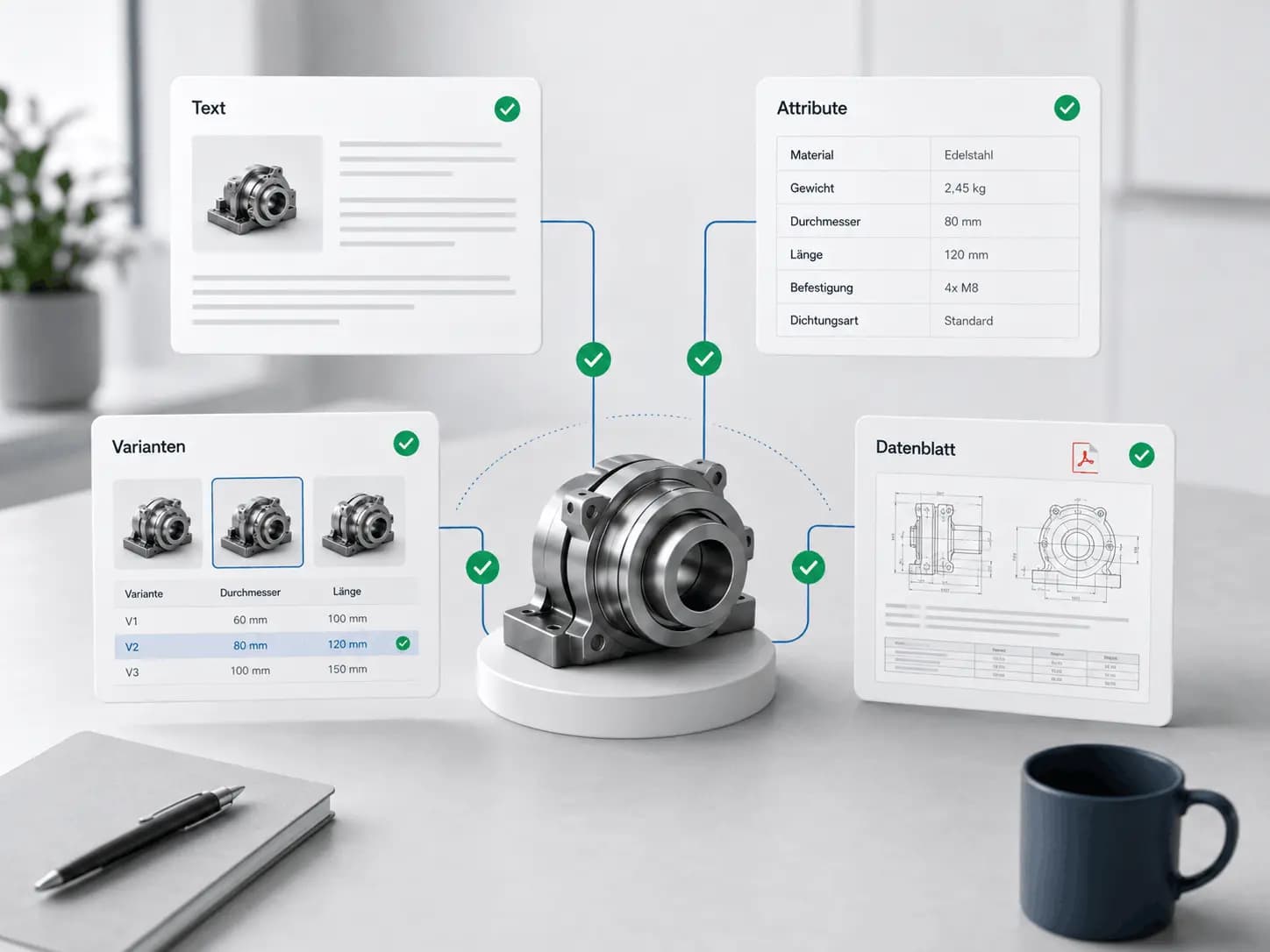Technisches Produkt mit abgestimmten Informationen aus Materialmustern, Varianten, Eigenschaften und Dokumentation