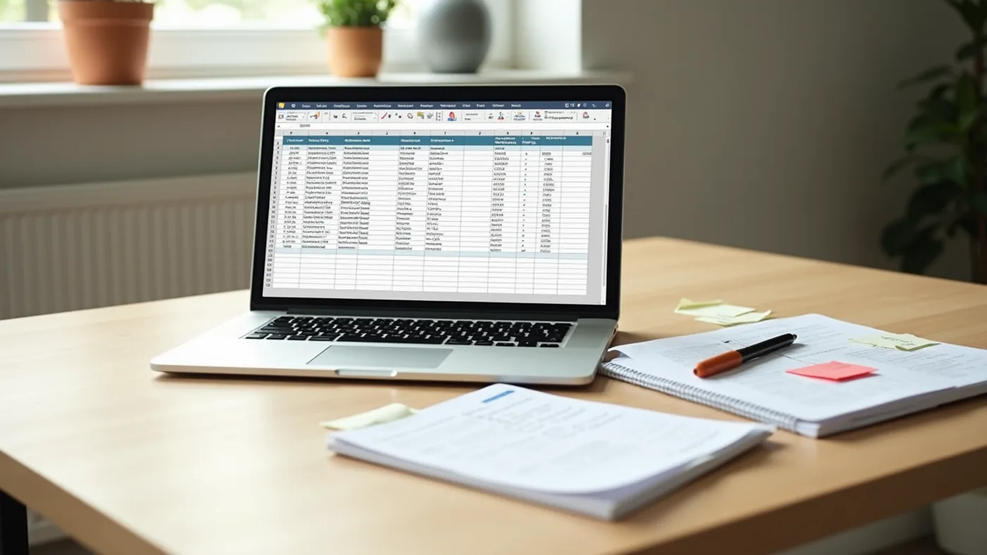Produktdaten-Audit: Laptop mit Produktdaten-Tabelle, technisches Datenblatt und Audit-Notizen