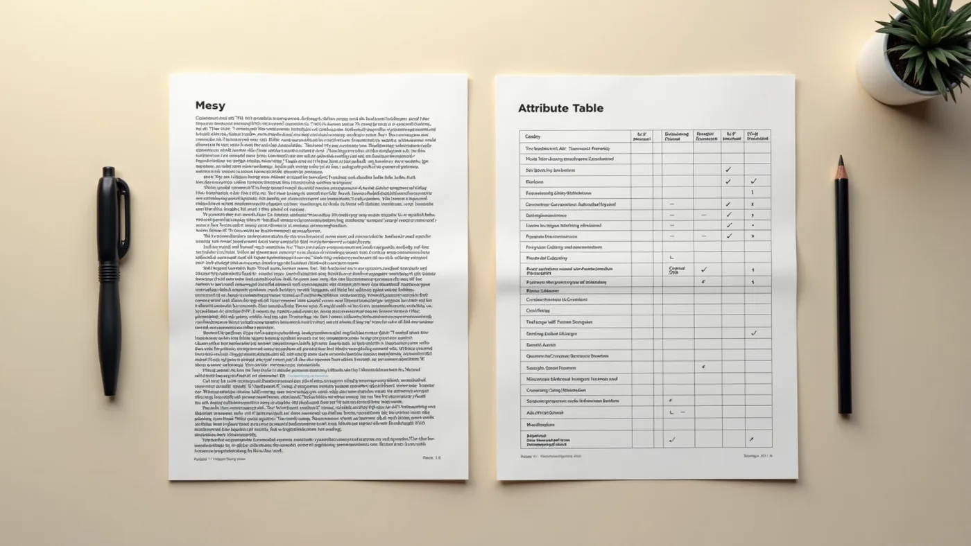 Vorher/Nachher: unstrukturiertes PDF-Datenblatt links, saubere Attributtabelle rechts