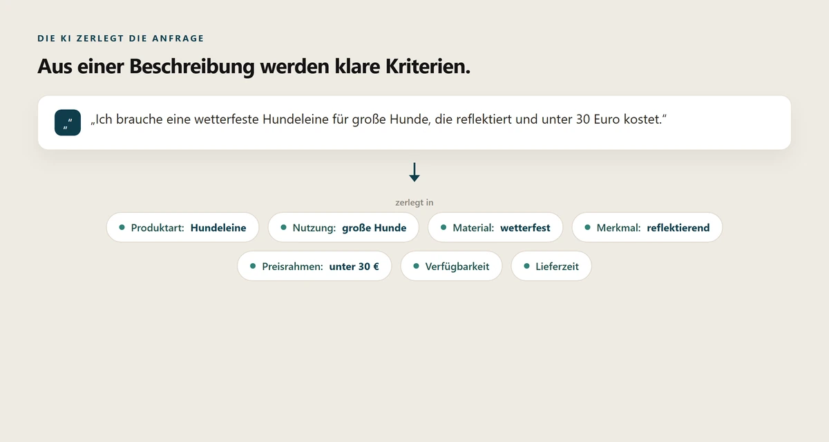 Eine KI zerlegt eine natürliche Suchanfrage in klare Kriterien wie Produktart, Material, Merkmal und Preisrahmen.