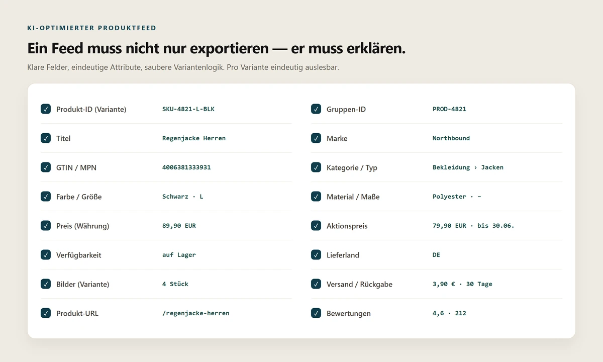 Strukturierter Produktfeed mit klaren Feldern wie Produkt-ID, GTIN, Variante, Preis und Verfügbarkeit.