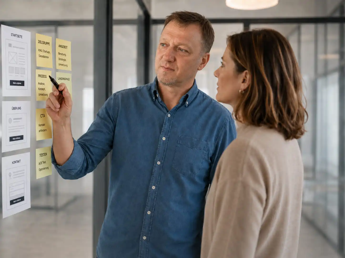 Two male professionals collaborating during brainstorming